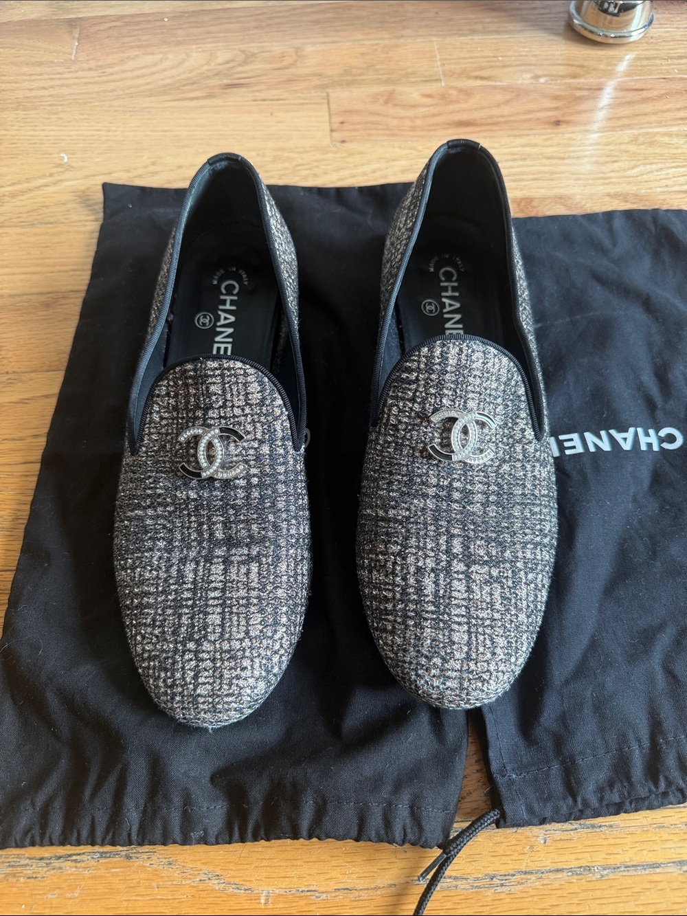 CHANEL CC Logo Slip-On Loafers in Silver Tweed